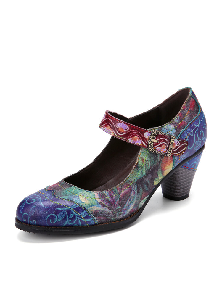 Sapatos Mary Jane com estampa floral elegante em relevo Gancho Loop Gancho
