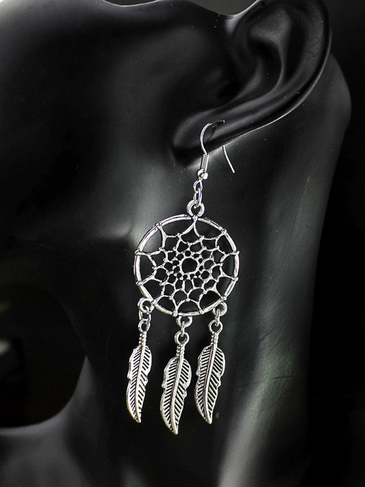 

Vintage Ear Drop Earrings Hollow Round Dream Net Leaves Pendant Dangle Ethnic Jewelry for Women, Silver