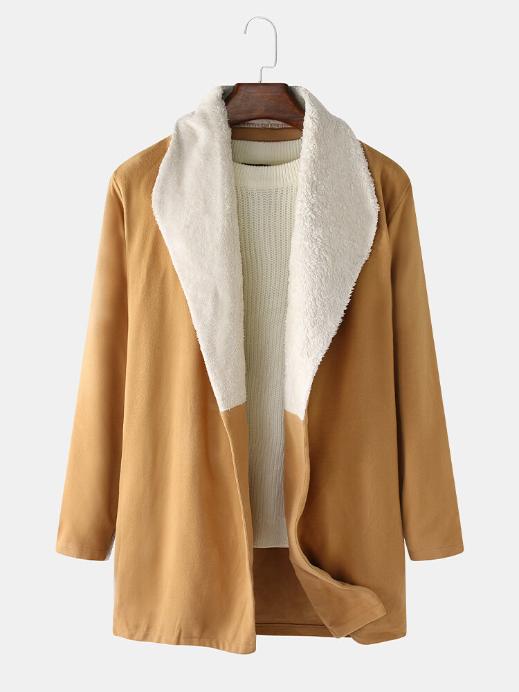 

Mens Winter Fleece Lined Lapel Slim Mid-Length Warm Suede Casual Overcoat, Khaki