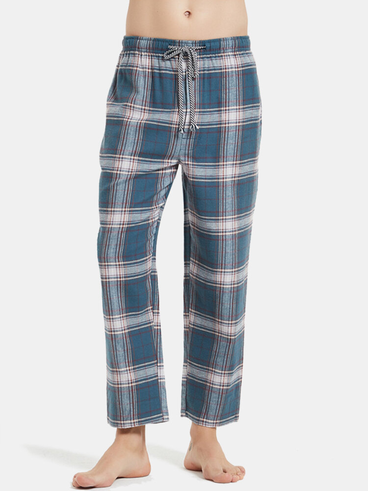 

Mens Plaid Striped Cotton Comfy Drawstring Home Pajamas Bottoms With Pocket, Blue;apricot;navy