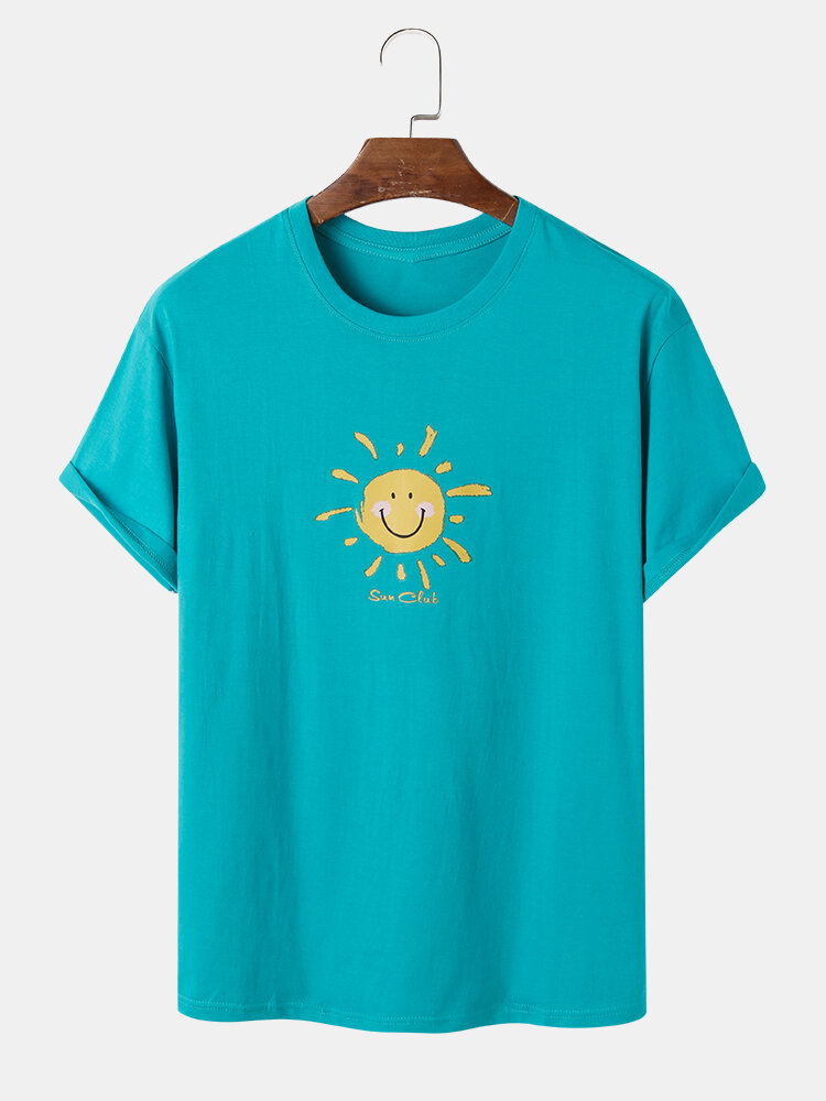 Mens Doodle Smile Sun Print Crew Neck Short Sleeve T-Shirt