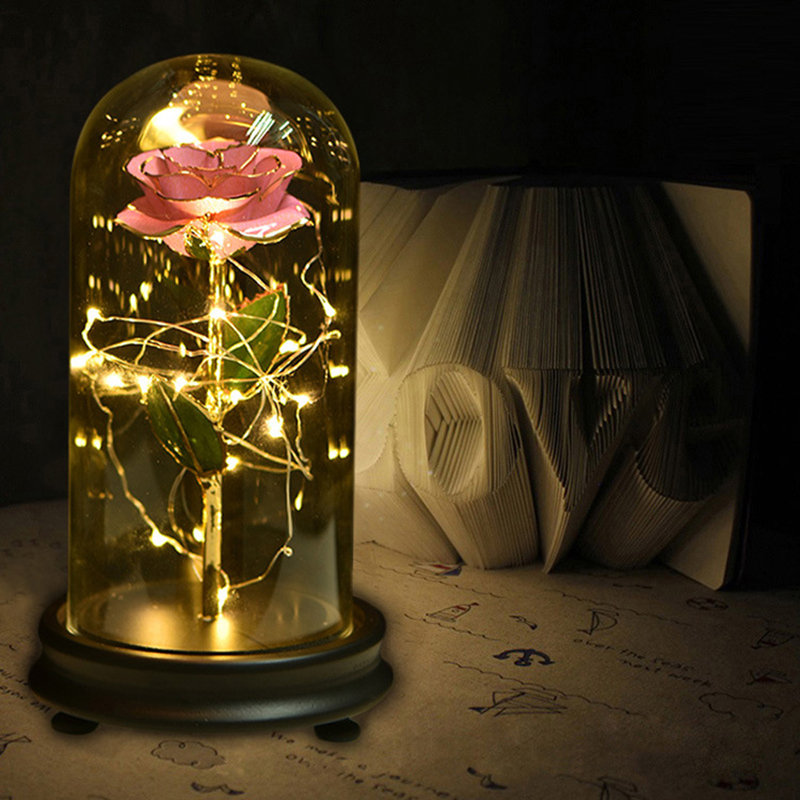 24K Gold Rose with LED Light Artificial Decoration Dome Wood Base Valentine's Gifts