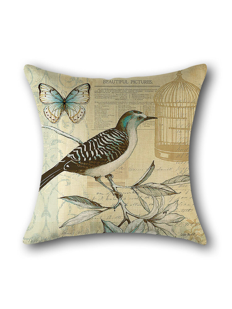 Fronha de linho com estampa floral de pássaros vintage e capa de travesseiro para casa, decoração artística e capa de almofada do assento traseiro