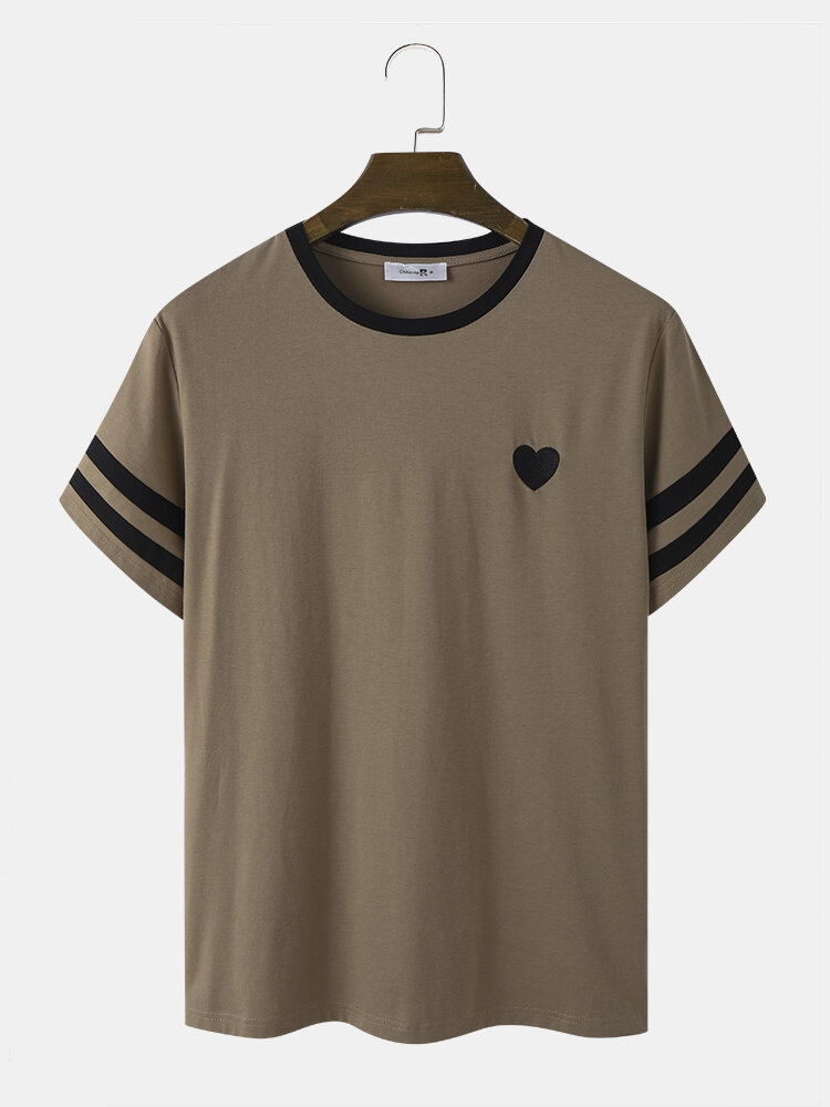 Mens Heart Embroidery Side Patchwork Casual Short Sleeve T-Shirt