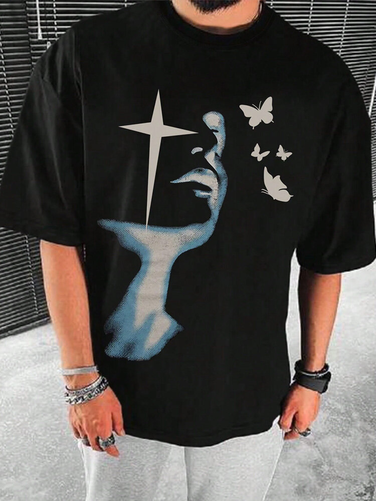 Camisetas de manga corta con estampado abstracto de mariposas para hombre Cuello