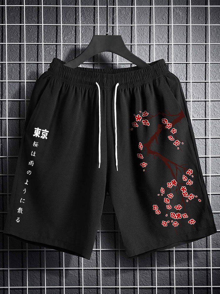 

Mens Japanese Cherry Blossoms Print Drawstring Waist Shorts, Black