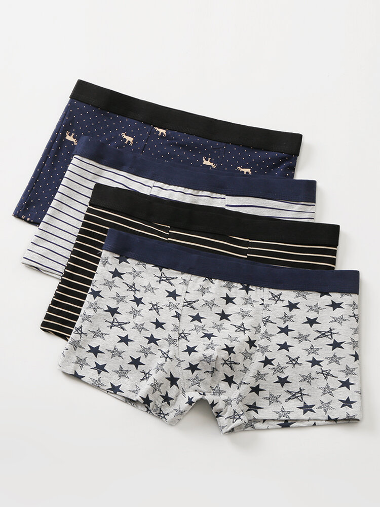 Mens Underwear Star Print Multipacks Boxer Briefs Breathable 4 Color Gift Box Set Underpants