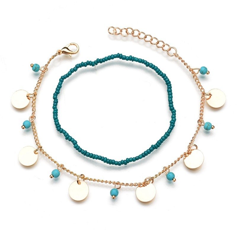 

Bohemian Turquoise Bead Anklets Disc Beading Anklet Double Layer Women Anklet, Gold;silver