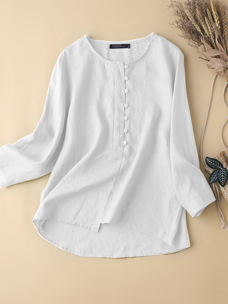 Solid Embroidered Long Sleeve Crew Neck Blouse