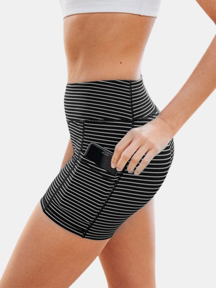 Striped Print Hip Lift Bodycon Sport Yoga Shorts With Pocket