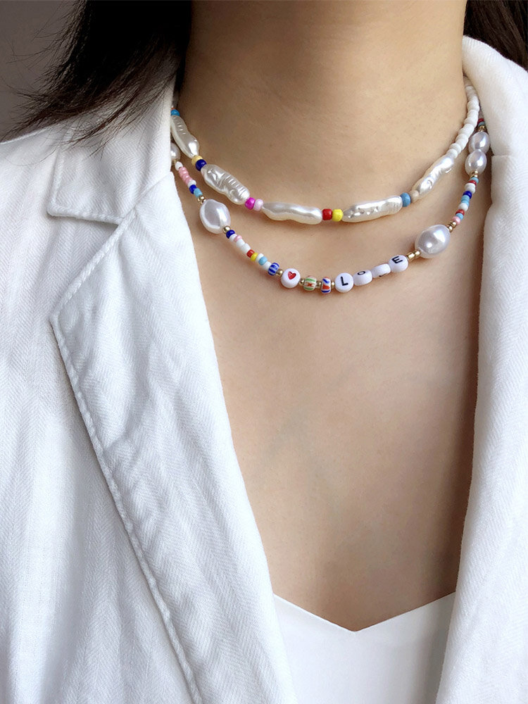 Juego de collar con cuentas de amor con letras de combinación bohemia de 2 piezas Collar de perlas de forma especial ajustable