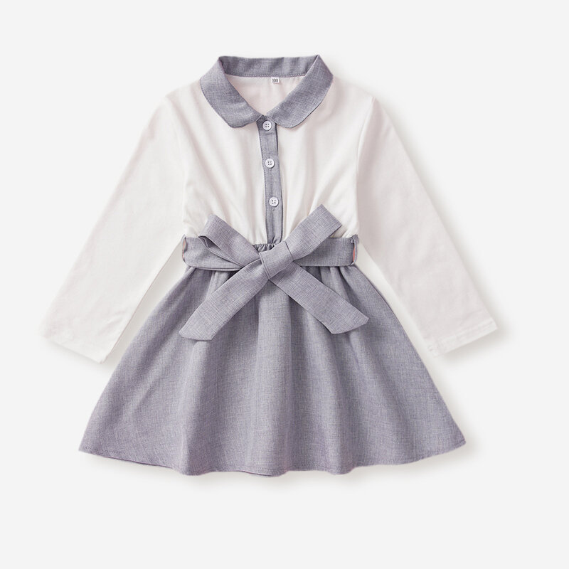 

Girl's Long Sleeves Bowknot Patchwork Casual Dress For 1-7Y, Gray