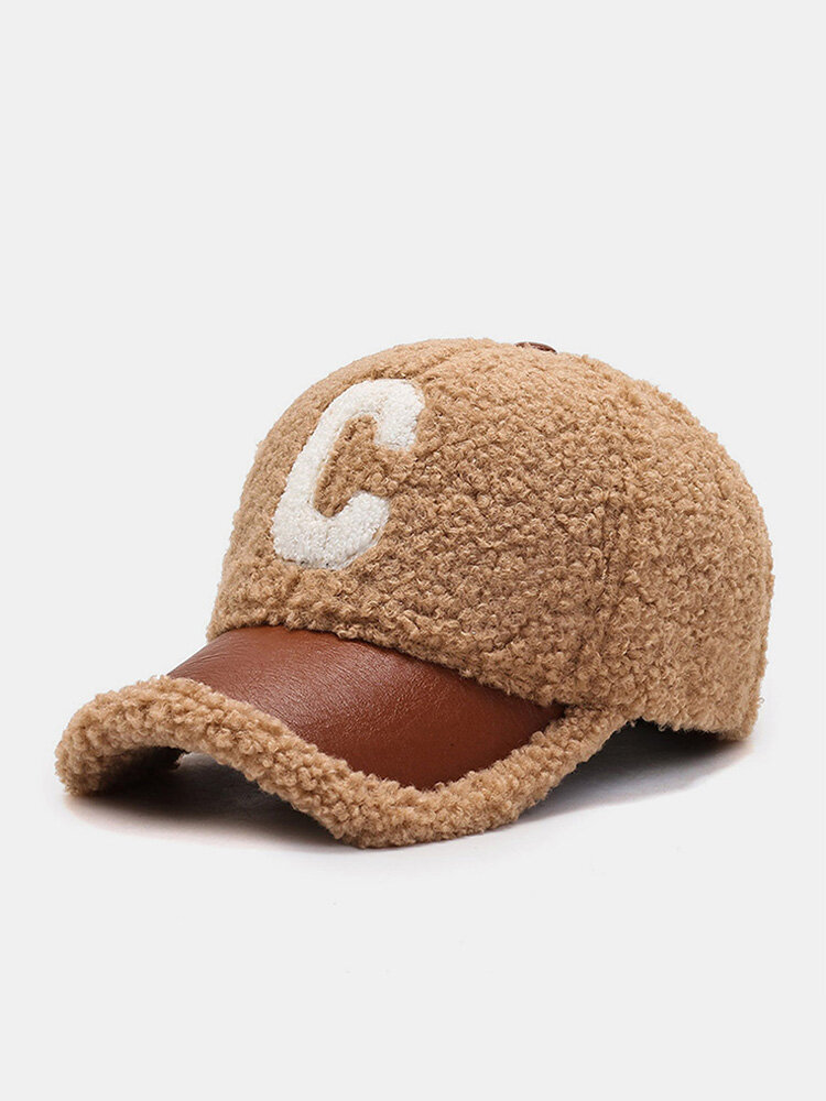 Unisex Plush PU Patchwork Color Contrast C Letter Pattern Outdoor Warmth Fashion Baseball Cap