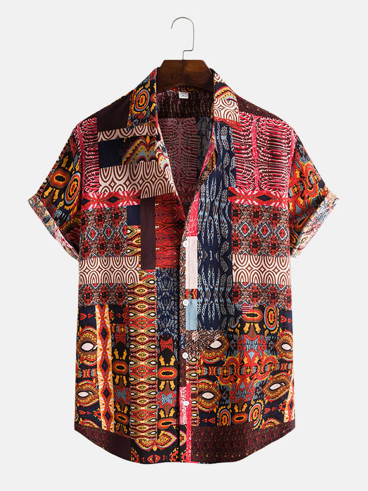 

Mens Tribal Pattern Button Up Short Sleeve Ethnic Style Curved Hem Shirt, Red;green;orange