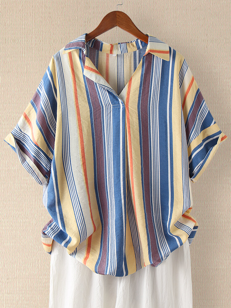Women Striped Print Short Sleeve V-neck Casual Shirt