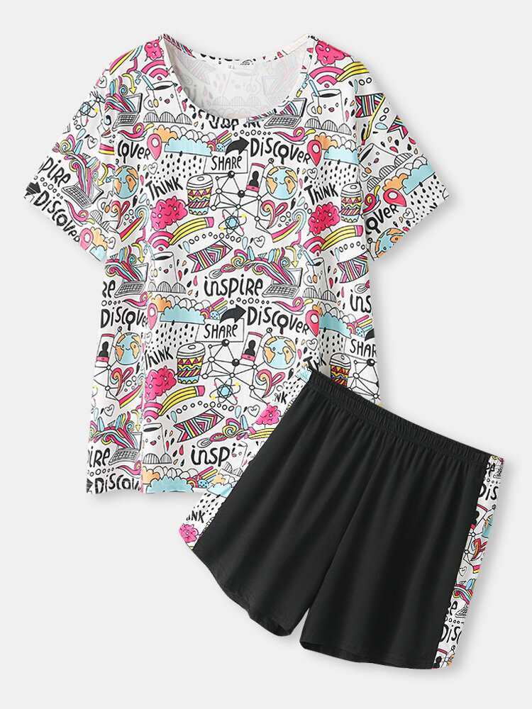 Plus Size Women Funny Cartoon Pattern T-Shirt & Shorts Comfy Pajama Sets