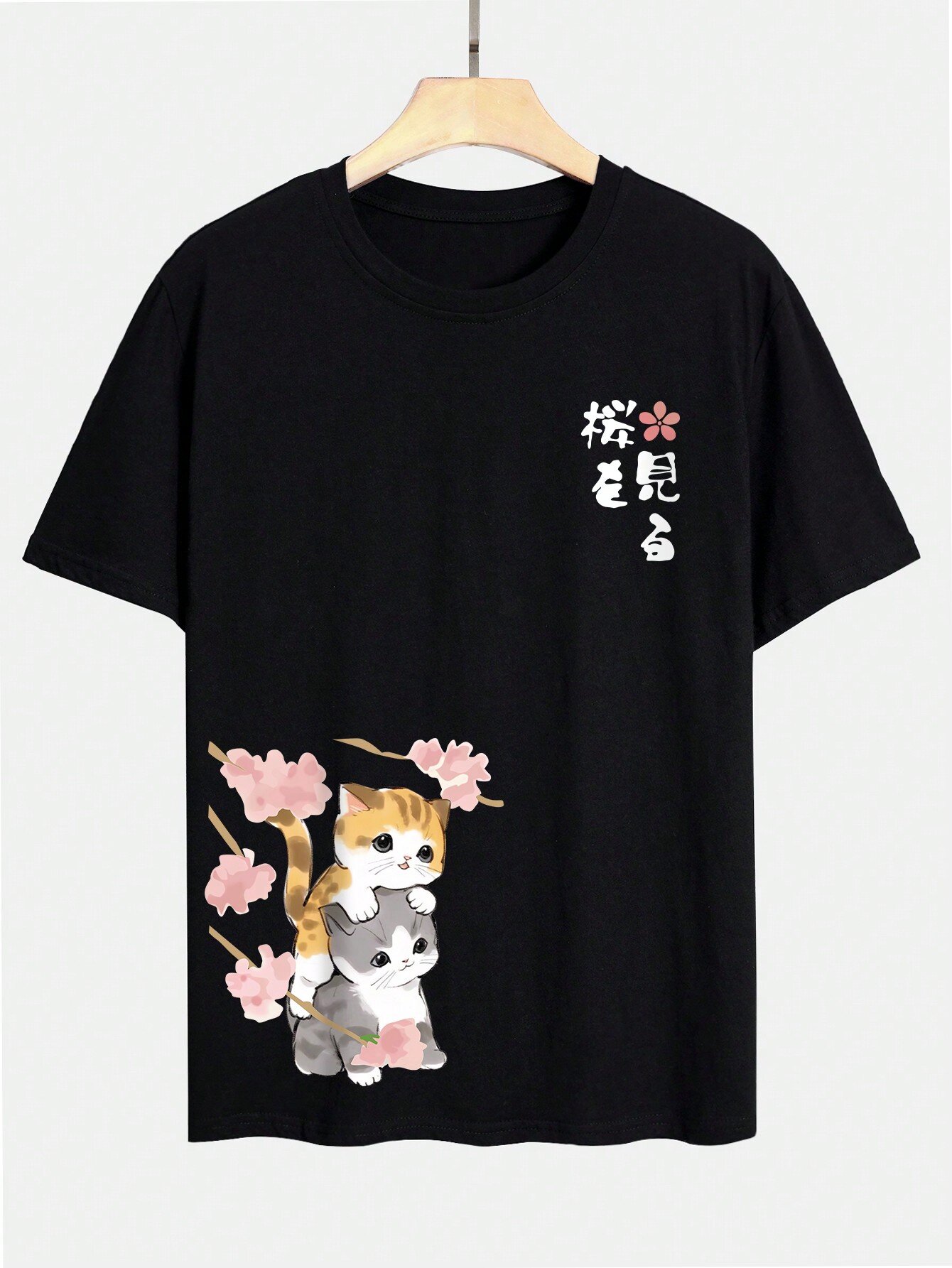 Mens Japanese Cherry Blossoms Cat Print Crew Neck Short Sleeve T-Shirts Winter