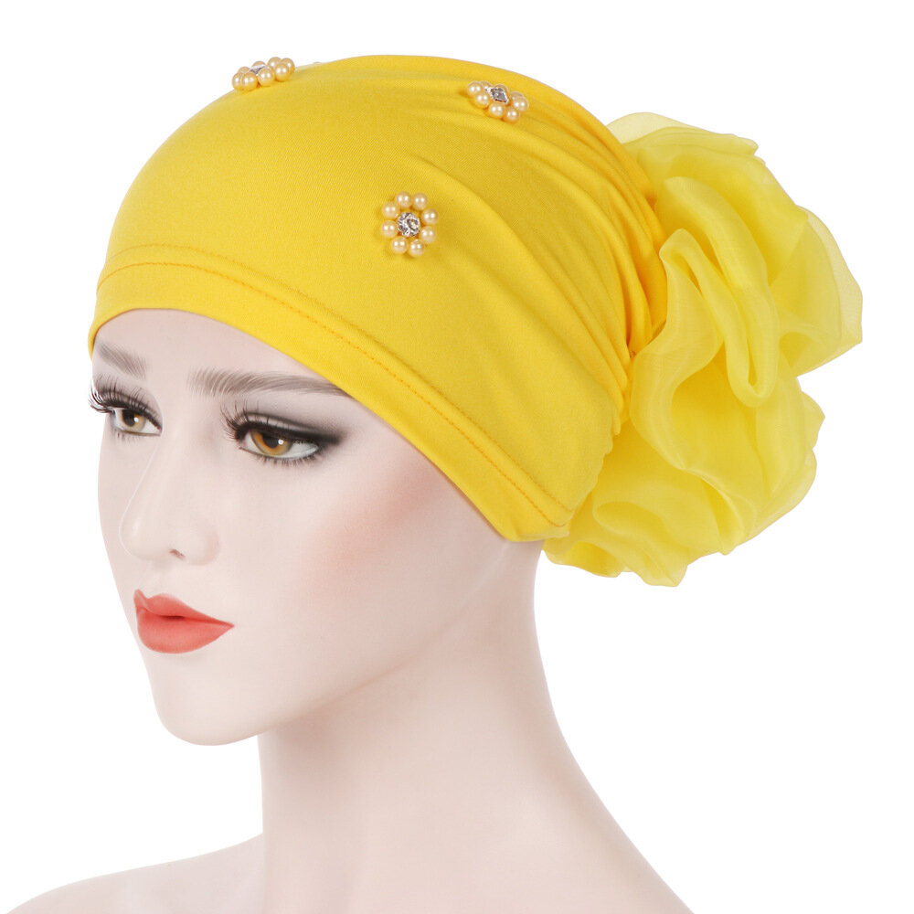 

Women Pan Flower Hat Oversized With Flower Headscarf Beanies Hat Solid Color BeadedCotton Cap, Yellow;purple;khaki;black;red;rose red m;navy