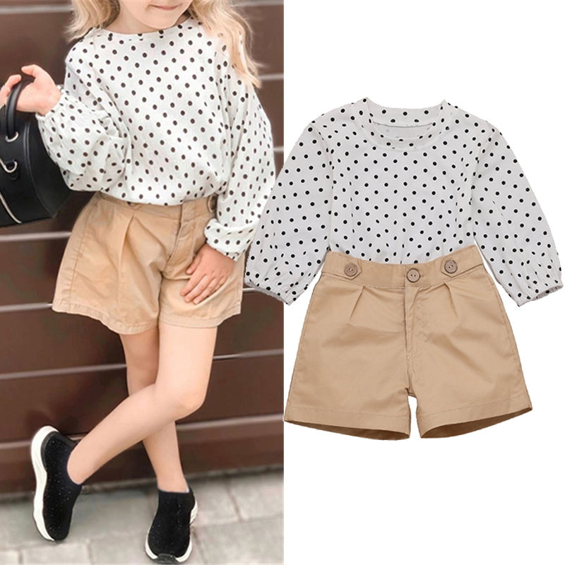 Girl's Long Sleeves Dot Tops+ Short Pants Casual Set For 1-7Y