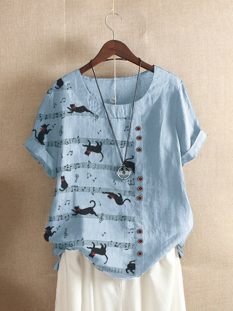Мультяшный Кот Принт с заплатками и короткими рукавами Повседневный Рубашка Для Женское