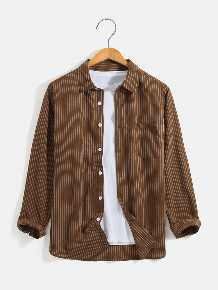 

Mens 100% Cotton Vertical Stripes Print Casual Long Sleeve Shirts, Brown;blue