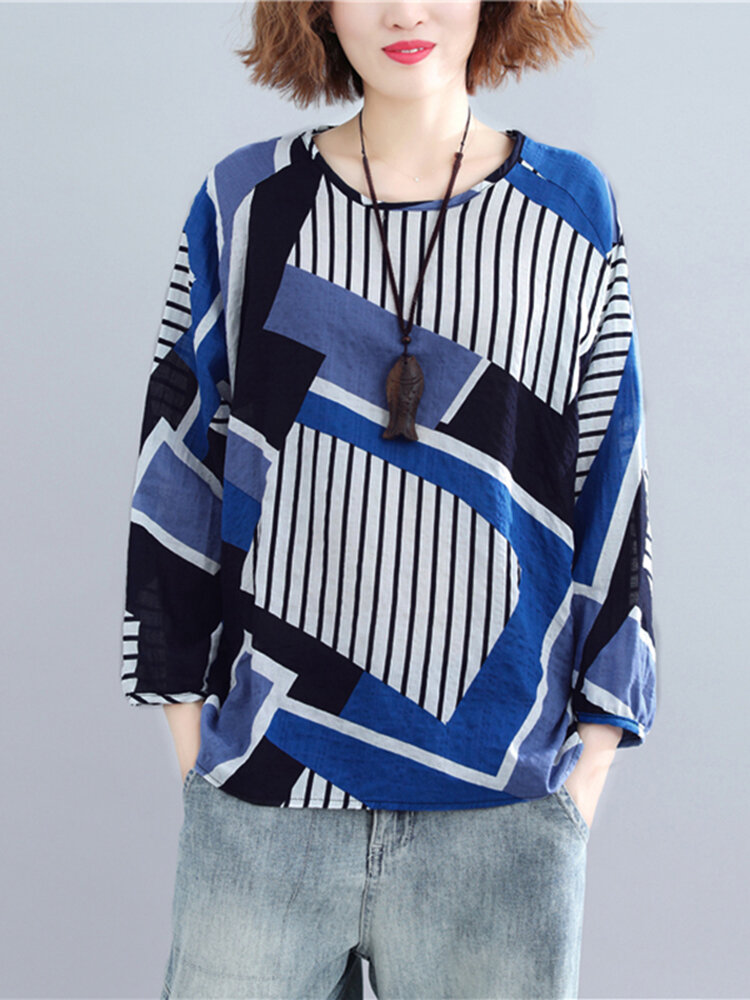 Abstract Geo Stripe Print Long Sleeve O-neck Blouse