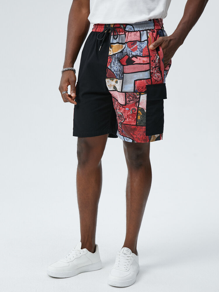 Mens Abstract Print Patchwork Loose Cotton Drawstring Cargo Shorts