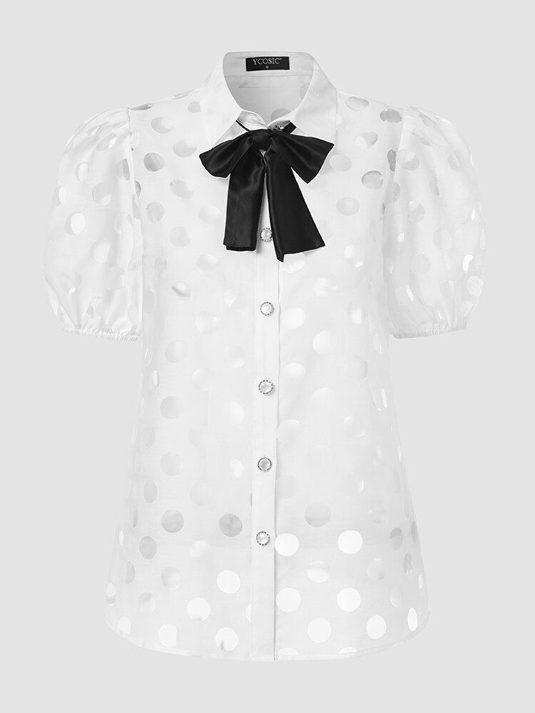 Blusa elegante de manga curta com botão transparente ponto