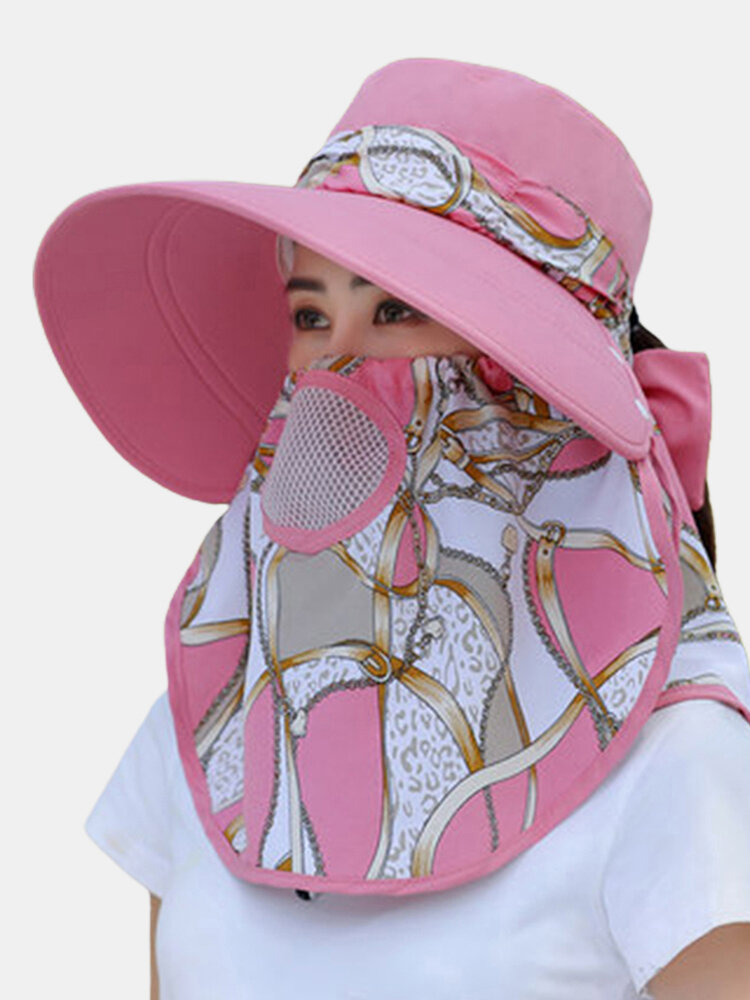 Women Cotton Print And Bowknot Decorative Shawl Hat Neck Guard Sun Protection Shawl Bucket Hat