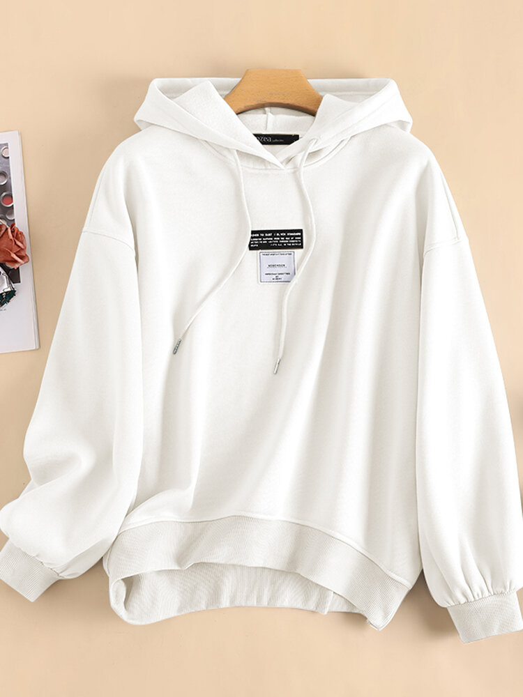 Casual Long Sleeve Drawstring Patched Hoodie For Women