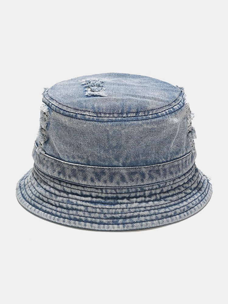 Unisex Denim Broken Holes Made-old Fashion Outdoor Sunshade Bucket Hat