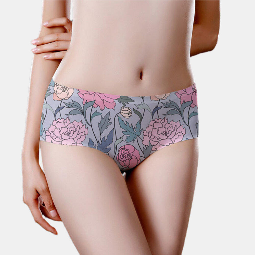 Women Mid Waisted Flowers Print Smooth Lifting Panties