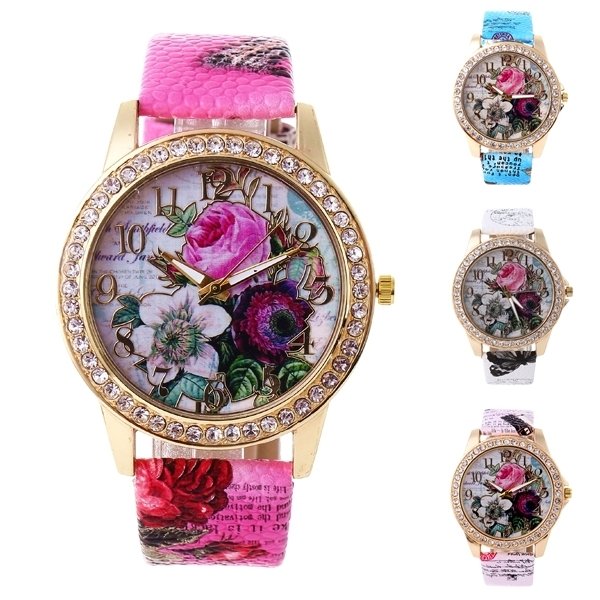 

Full Rhinestone Flower Leather Watch Lady Casual Floral Quartz Wristwatch Gift for Her, Rose red;pink;white