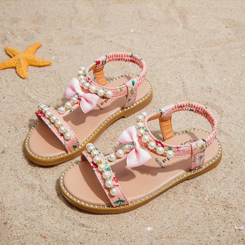 Girls Floral Pearl Bowknot Decor Elastic Band Lovely Beach Sandals