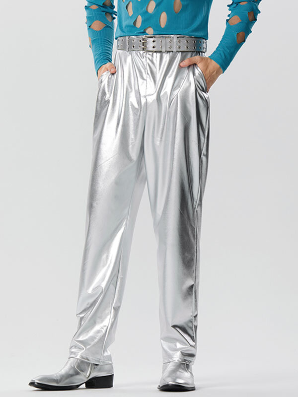 

Mens Metallic Metal Button Casual Straight Pants, Silver