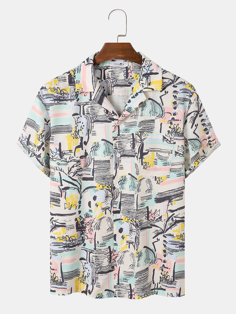 Mens All Over Abstract Print Button Up Street Short Sleeve Shirts