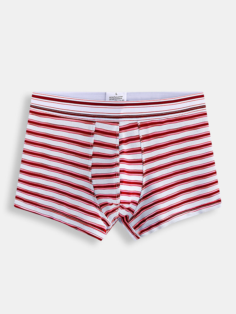 Men Sexy Striped Boxer Briefs Nylon Net Breathable Patchwork Underwear