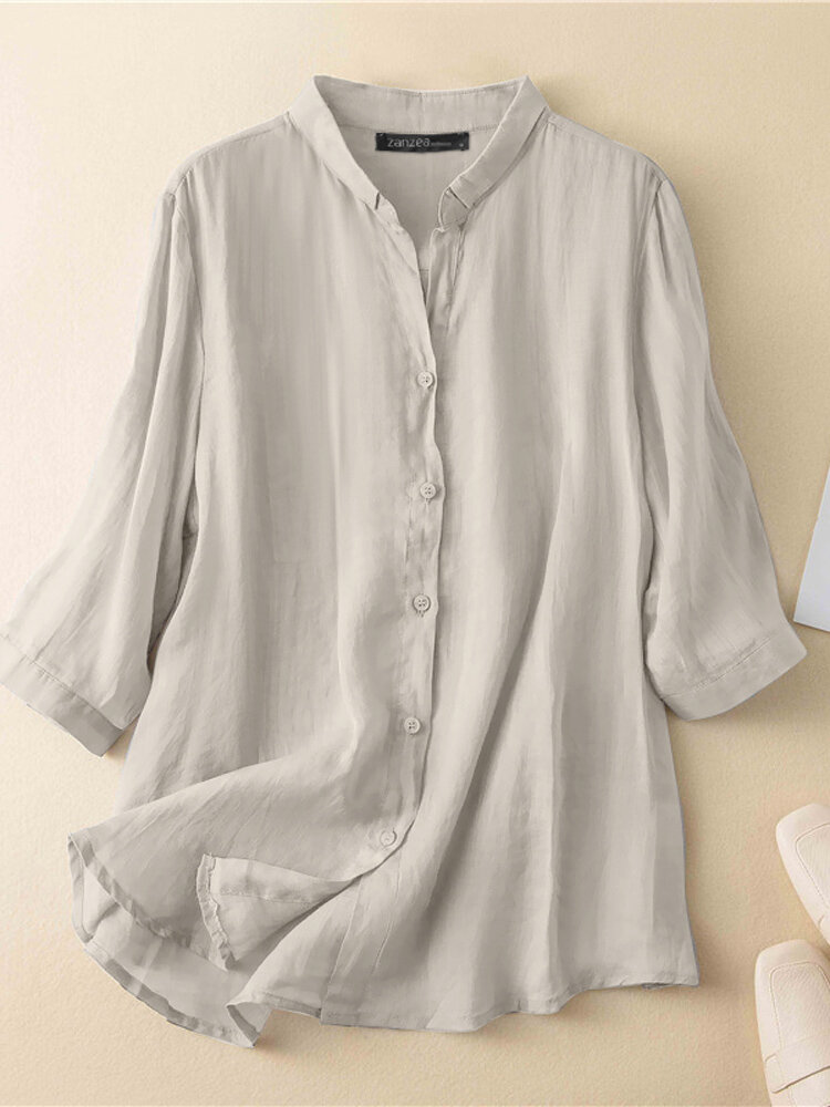 Solid Lapel 3/4 Sleeve Blouse For Women