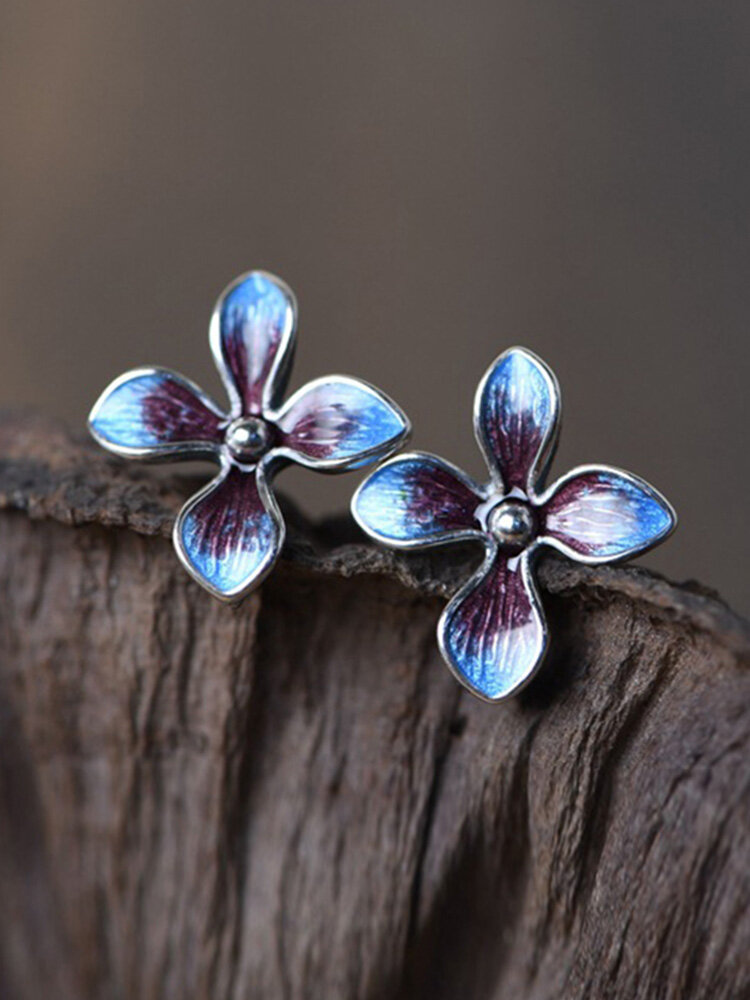 Vintage 925 Sterling Silver Earrings Burnt Blue Flower Ear Stud Women Jewelry от Newchic WW