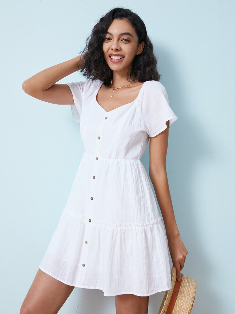 Solid Button Front Smocked Short Sleeve Chiffon Urban Causal Dress