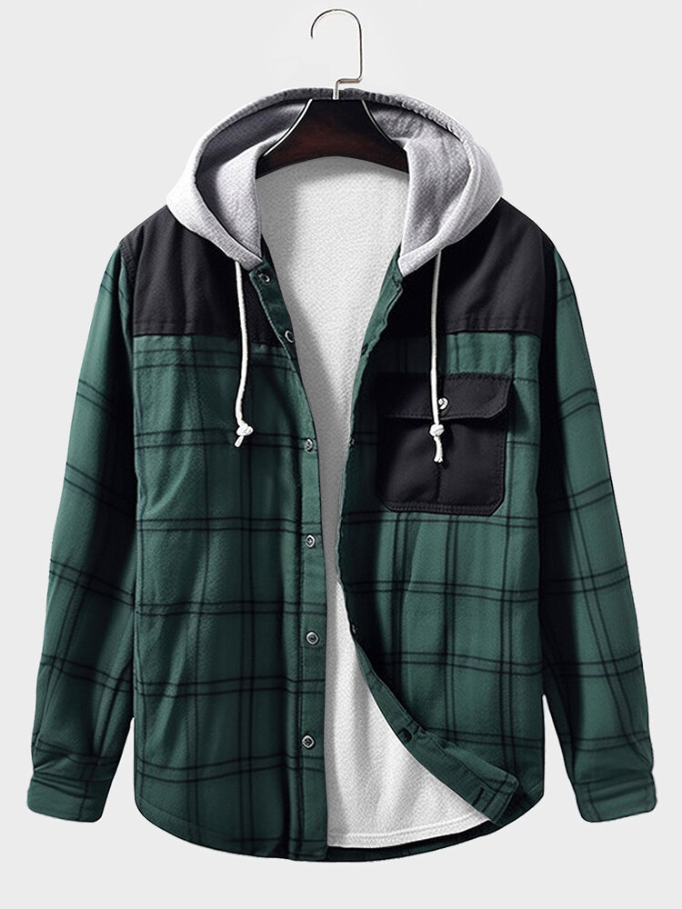 Mens Plaid Contrast Patchwork Long Sleeve Hooded Shirts Winter
