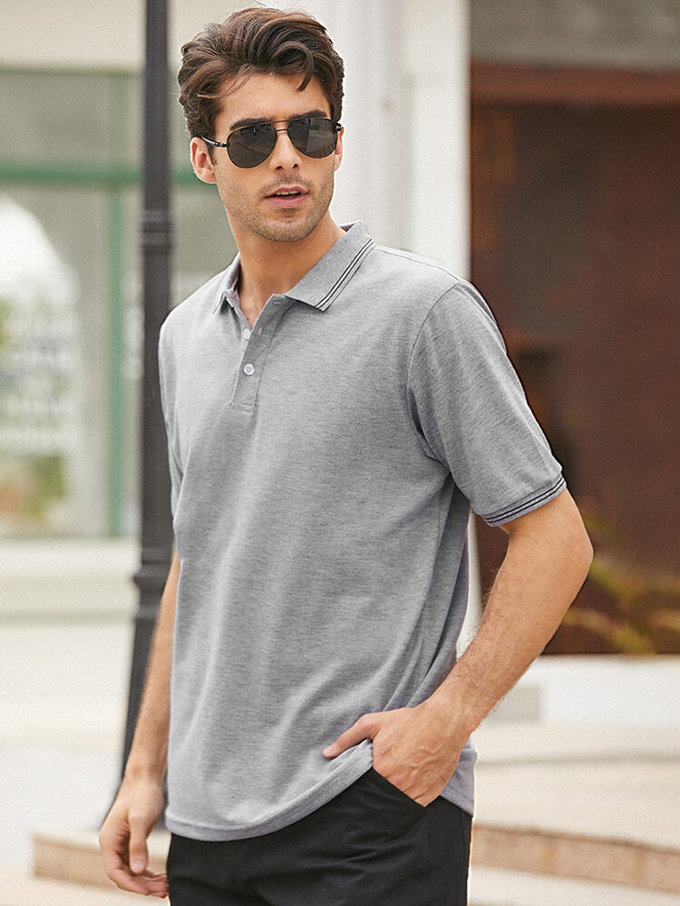 

Mens 100% Cotton Contrast Ribbed Trim Plain Short Sleeve Golf Shirts, Gray;blue