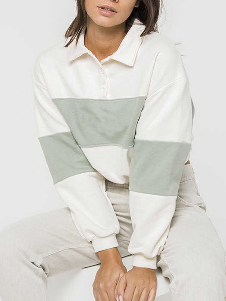 Patch Contrast Color Pullover Cropped Sweatshirt For Women