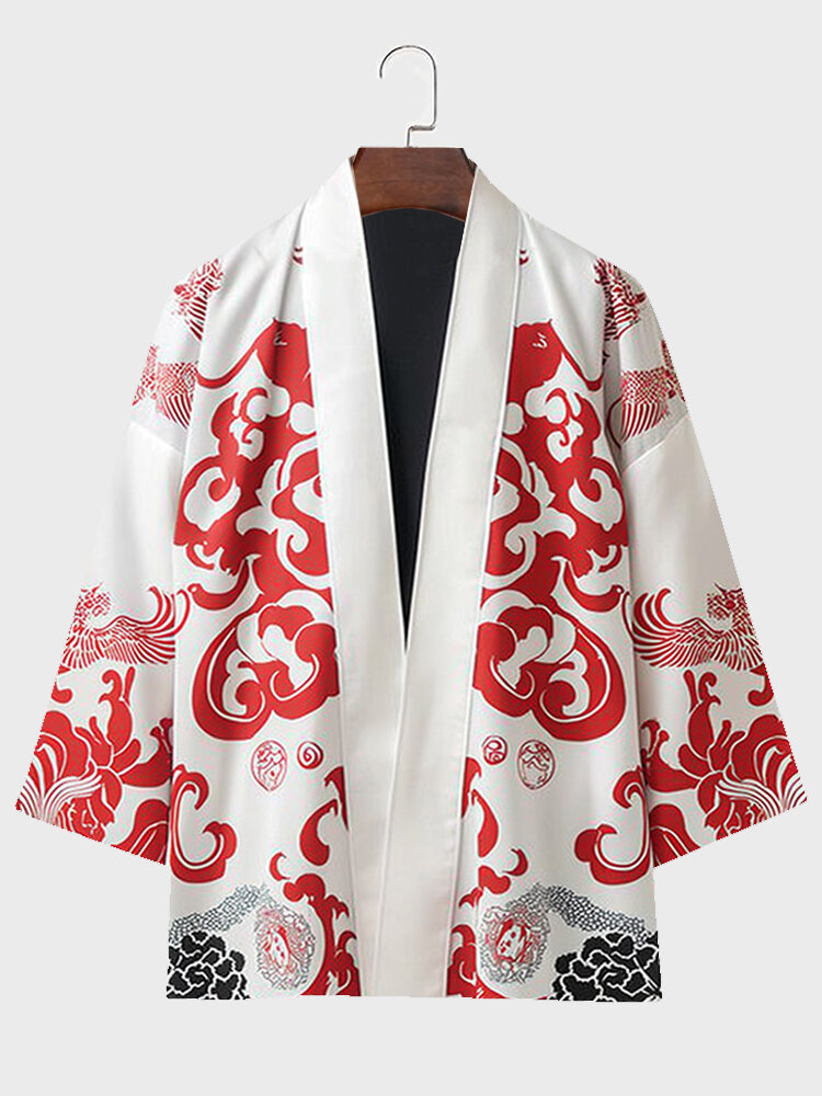 

Mens Japanese Style Print Open Front Loose 3/4 Sleeve Kimono, White