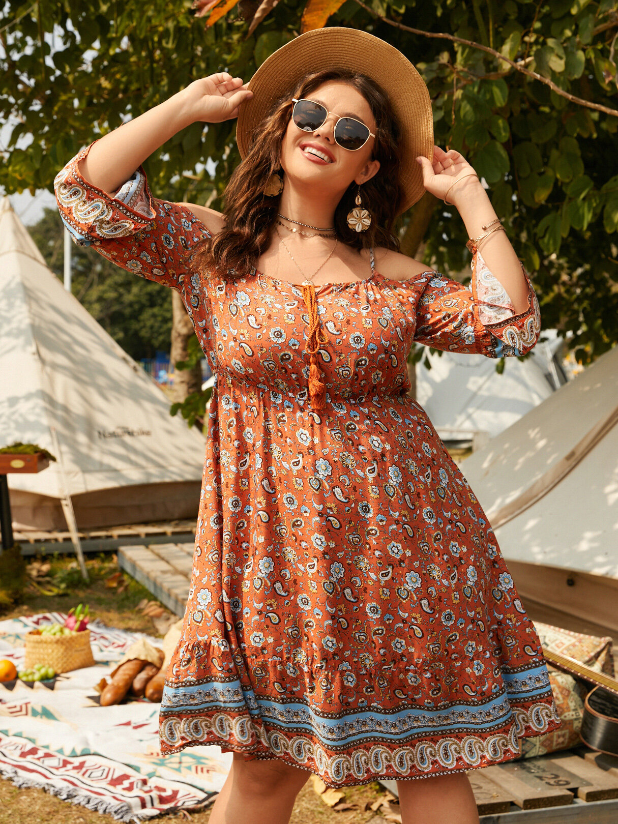 Ethnic Print Off Shoulder Knotted Plus Size Dress