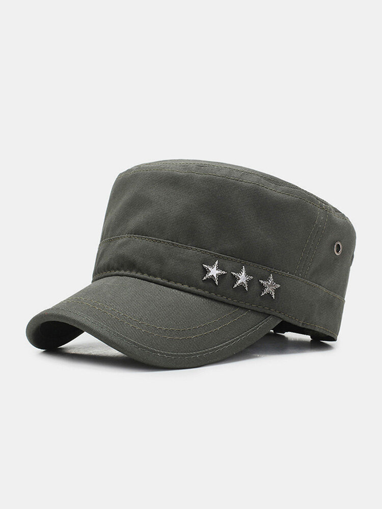 Men Cotton Solid Color Star Rivets Decoration Adjustable Casual Military Cap Flat Cap