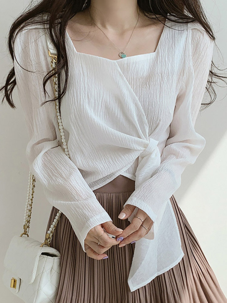 Solid Twist Square Callor Long Sleeve Blouse For Women