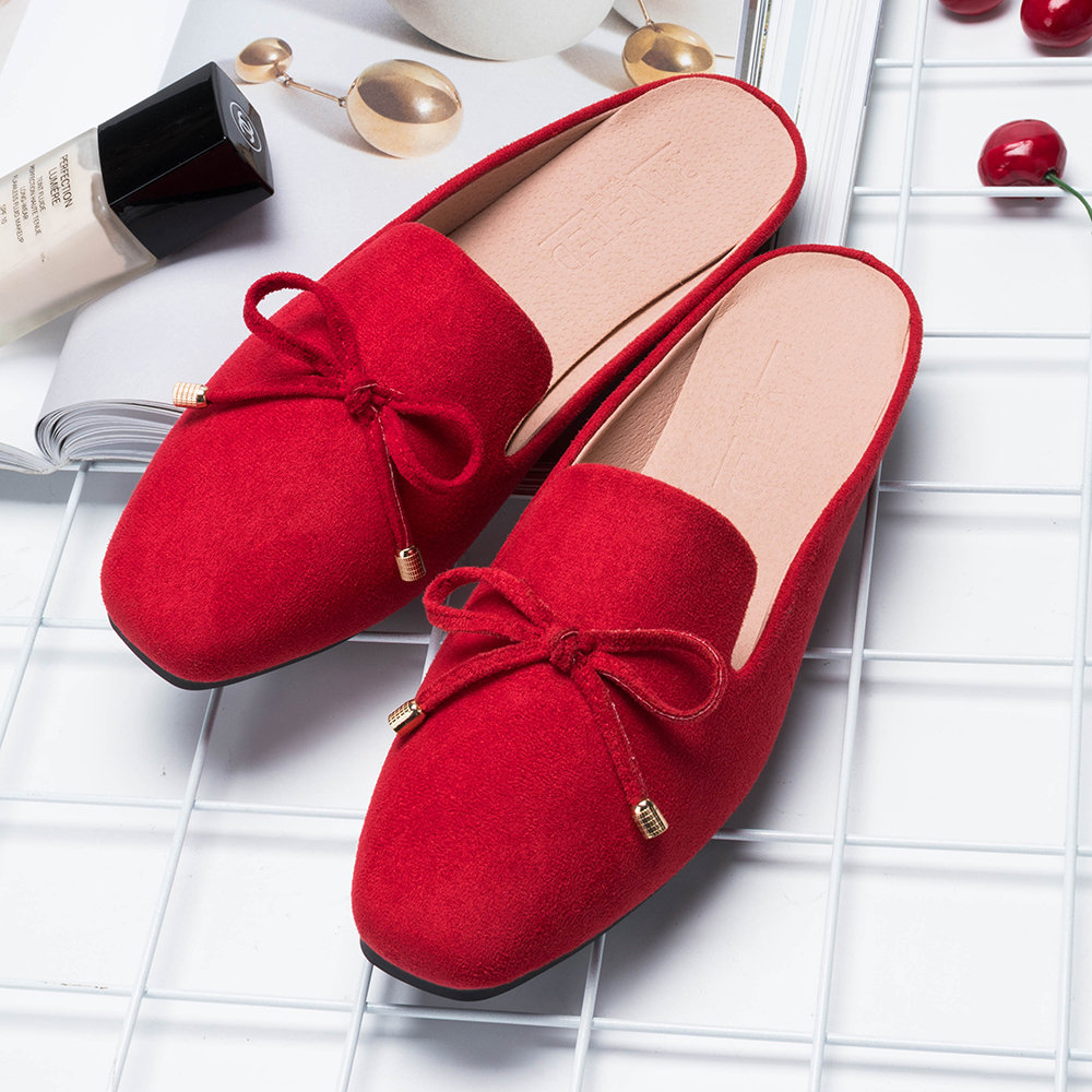 Big Size Women Suede Butterfly Knot Mules Shoes Square Toe Slippers