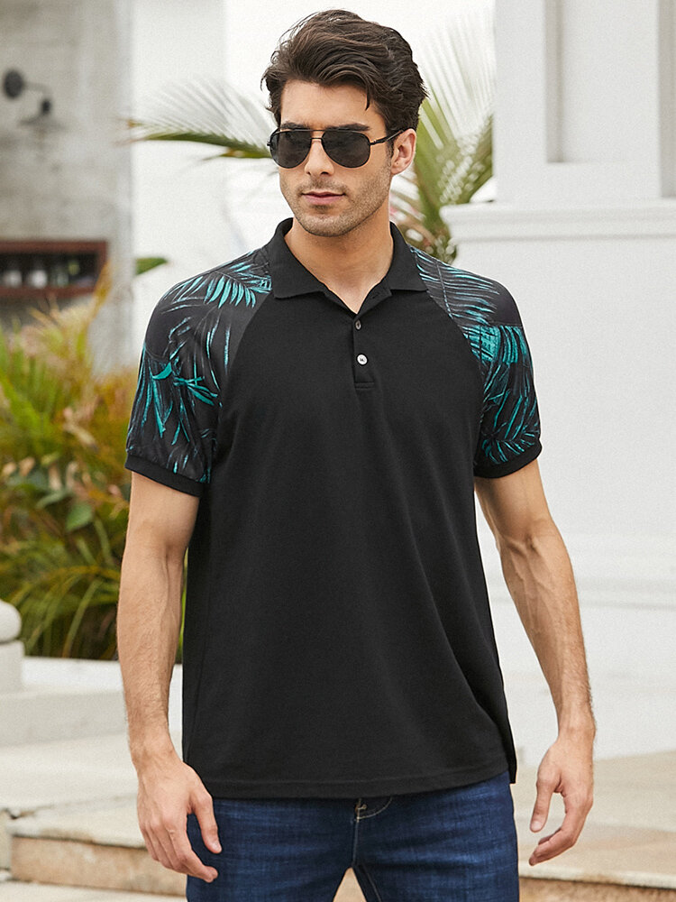 

Mens Tropical Leaf Print Raglan Sleeve Holiday Black Golf Shirt