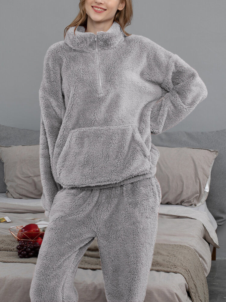 

Women Pure Plush Fluffy Kangaroo Pocket Pullover High Neck Zip Front Home Pajama Set With Jogger Pants, Gray;navy;red